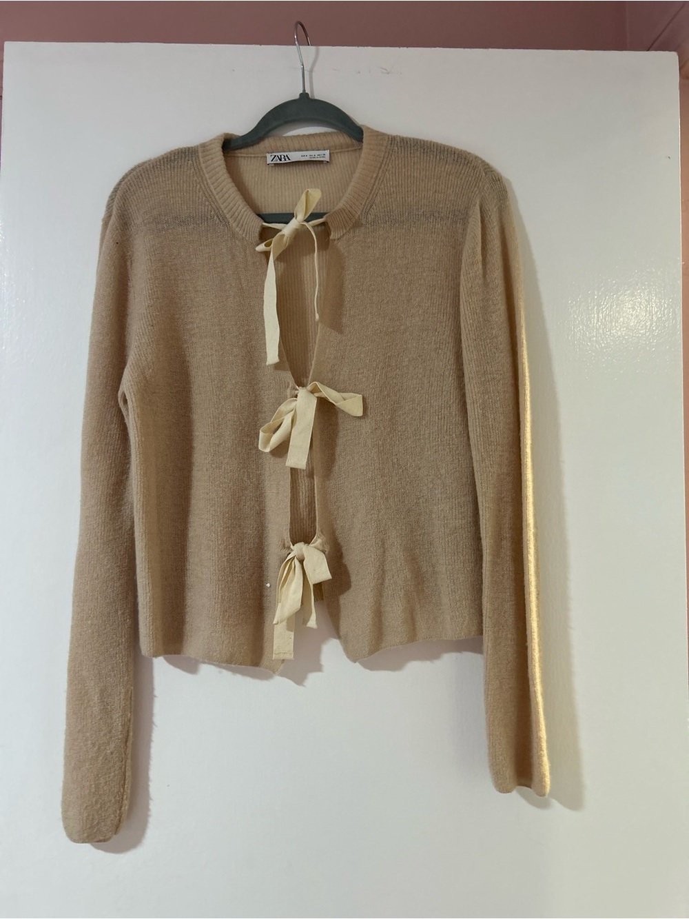 Zara Light Beige Bow-Tie Knit Cardigan